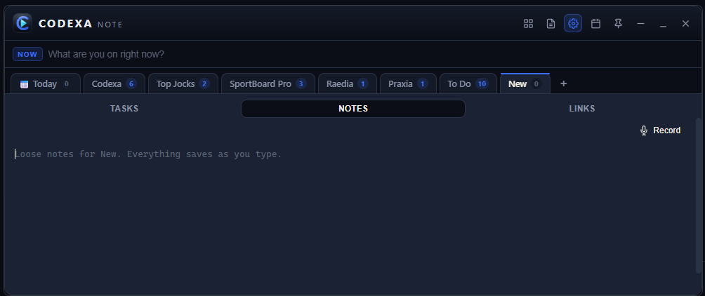 Codexa Note screen 2 — links per project